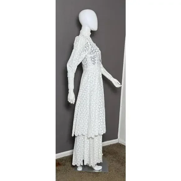 Rare 1970's White Cotton Eyelet Prairie Wedding Gown White Edwardian Style - Picture 5 of 10